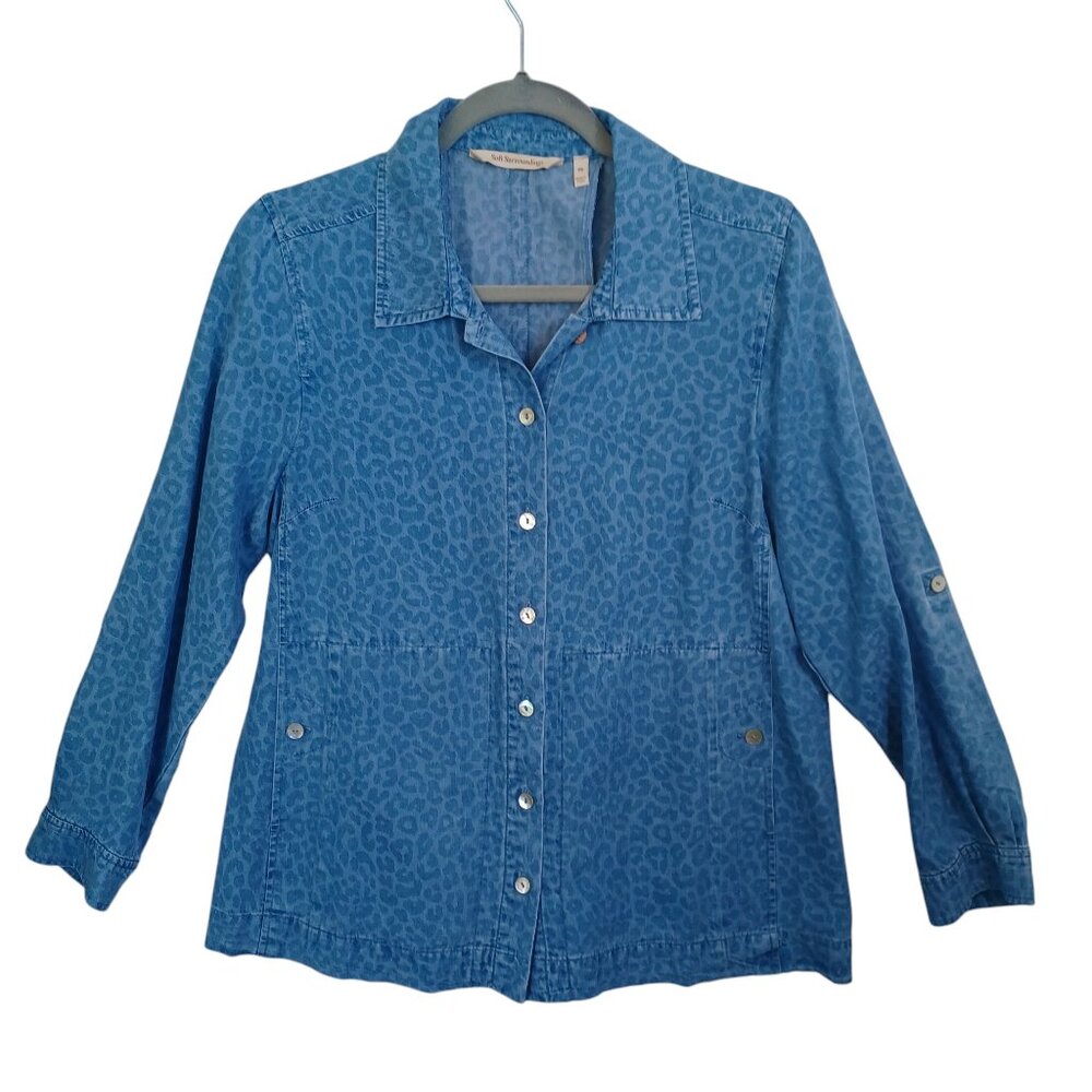 Soft Surroundings Blue Animal Print Top Denim Chambray Button Down Womens PS